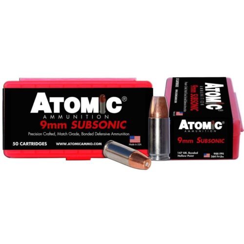 Atomic Ammunition Pistol Subsonic 9mm Luger +P 147Gr BMHP Handgun Ammo – 50 Rounds