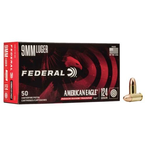 Federal American Eagle Indoor Range Training 9mm Luger 124gr FMJ Handgun Ammo – 50 Rounds