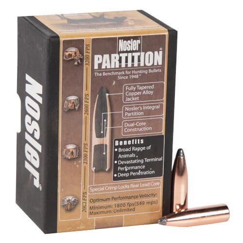 Nosler Partition 338 Caliber Spitzer 250gr Reloading Bullets – 50 Count