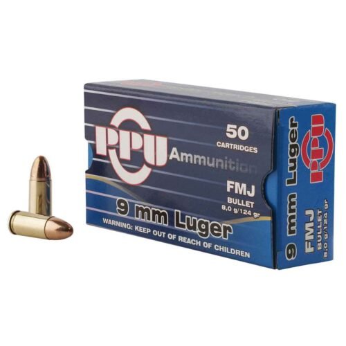 PPU Handgun 9mm Luger 124gr FMJ Handgun Ammo – 50 Rounds